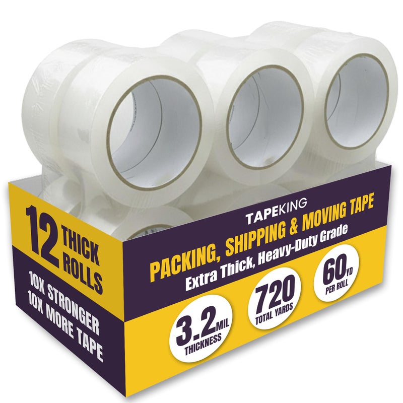 Tape King شريط كينج الشفاف للتغليف سميك للغاية | 60 ياردة لكل لفة (12 لفة) | شريط تغليف ثقيل بعرض 2 بوصة 3.2 مل لاصق قوي لنقل الصناديق، علب الشحن وإغلاق (720 ياردة) - Image 1